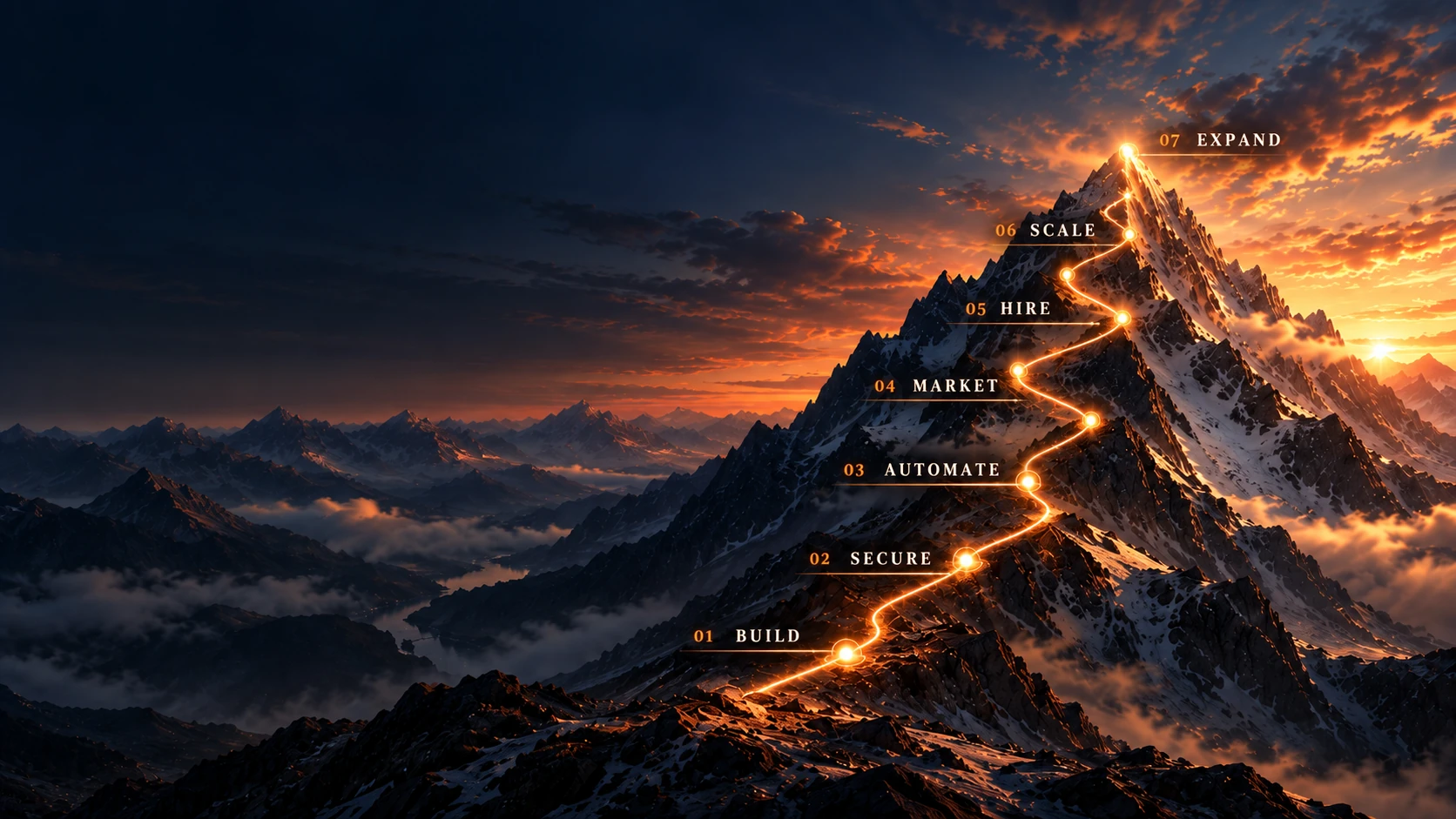 Mountain range at sunset with an illuminated path climbing toward the summit.